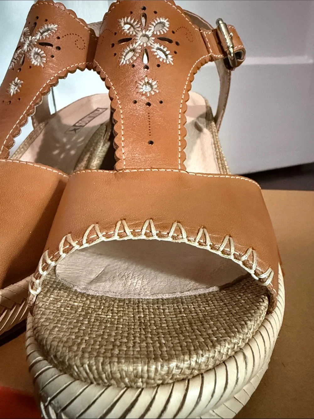 Pikolinos Mojacar Brandy Leather Espadrille Wedge Sandals Sz 39